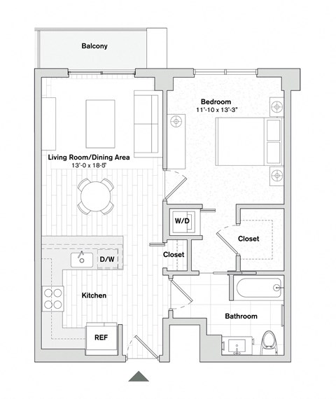 Floor plan for 1 bed, 1 bath, 715 sqft